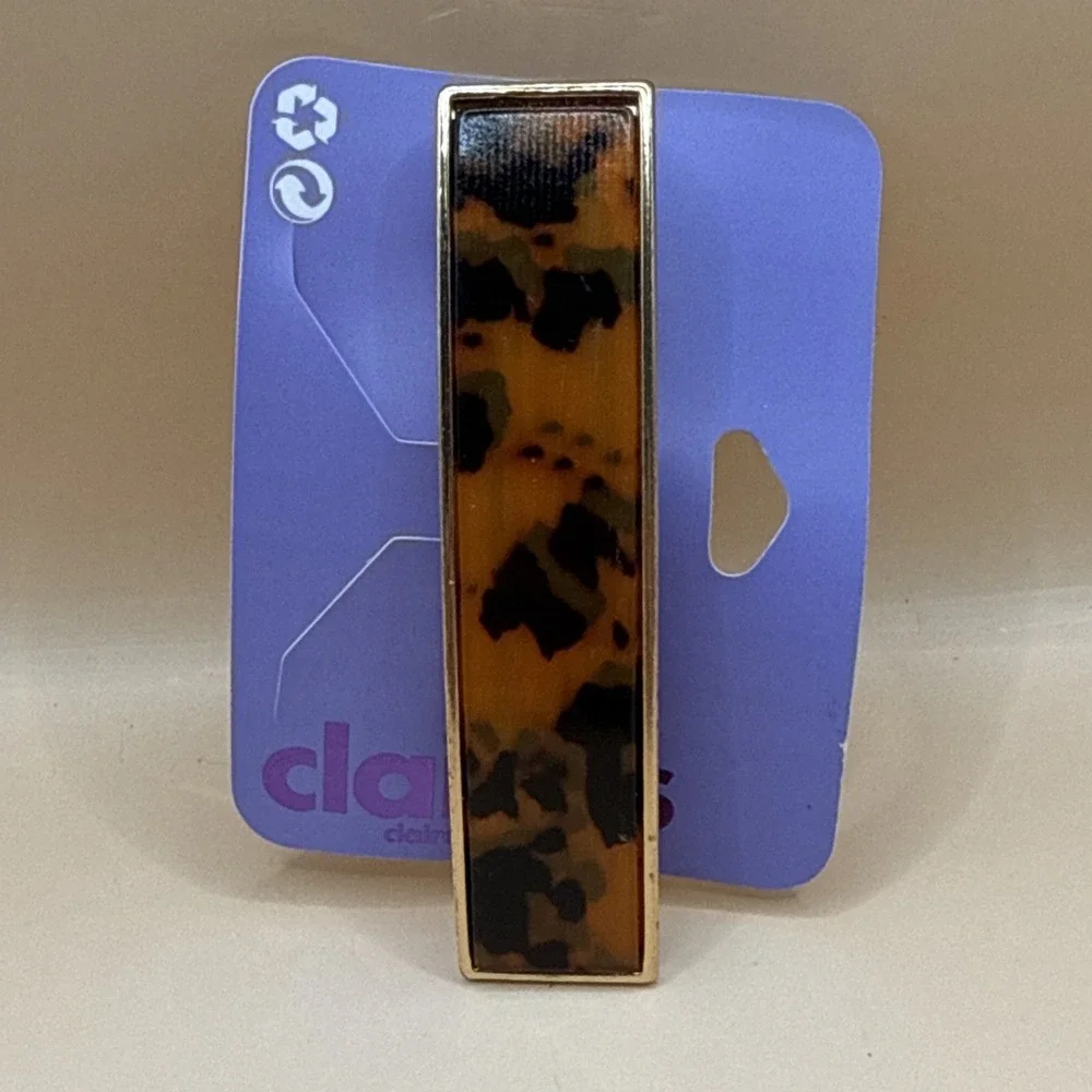 Claire's Rectange Orange Black Cheetah Animal Print Barrette Hair Clip Gold Rim